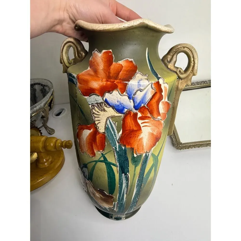 Stunning Large Antique Asian Handpainted Pottery Vase Ruffle Rim Handles Raised